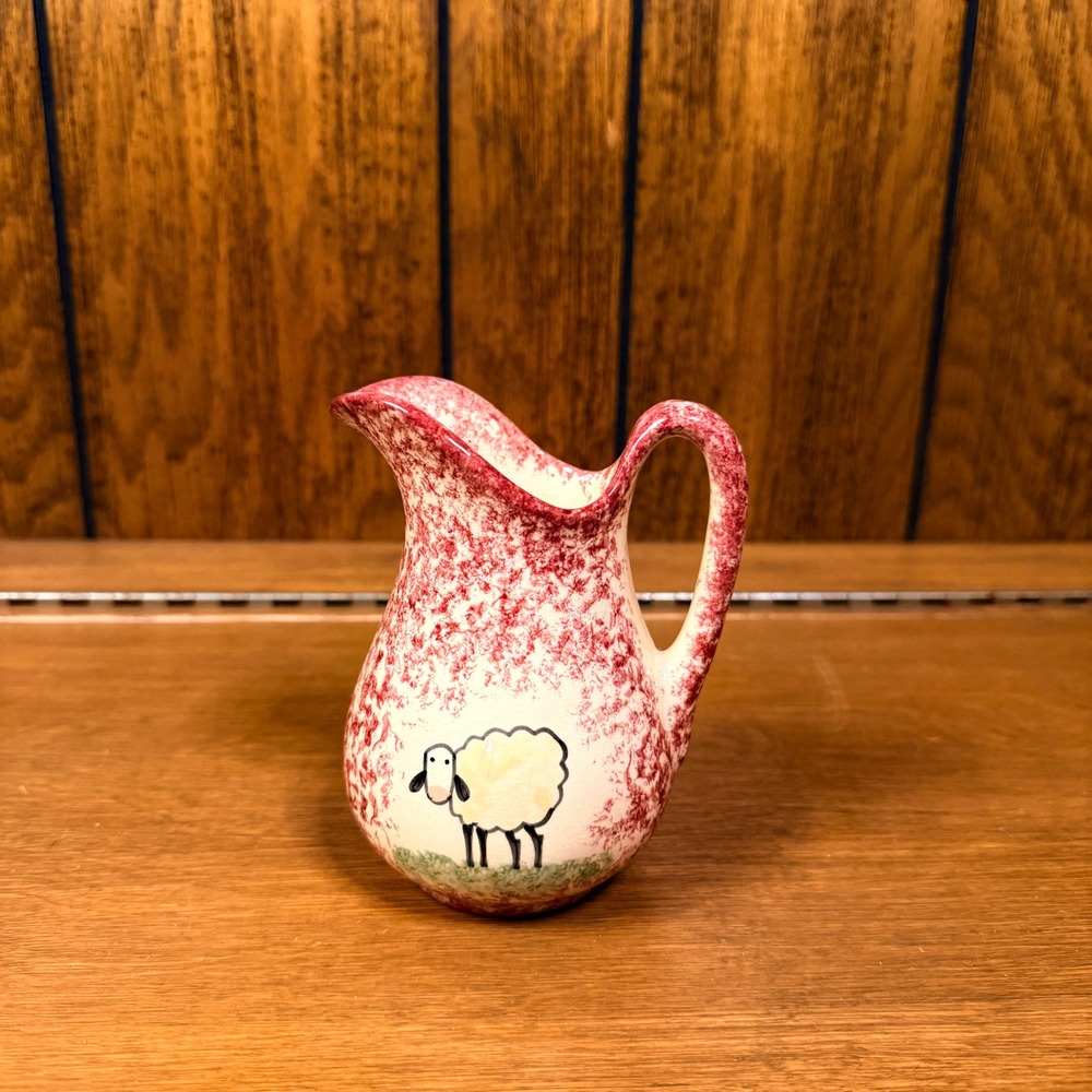 Red Cream Sheep Spatterware Ceramic Pitcher Vintage Farmhouse Small Cottagecore